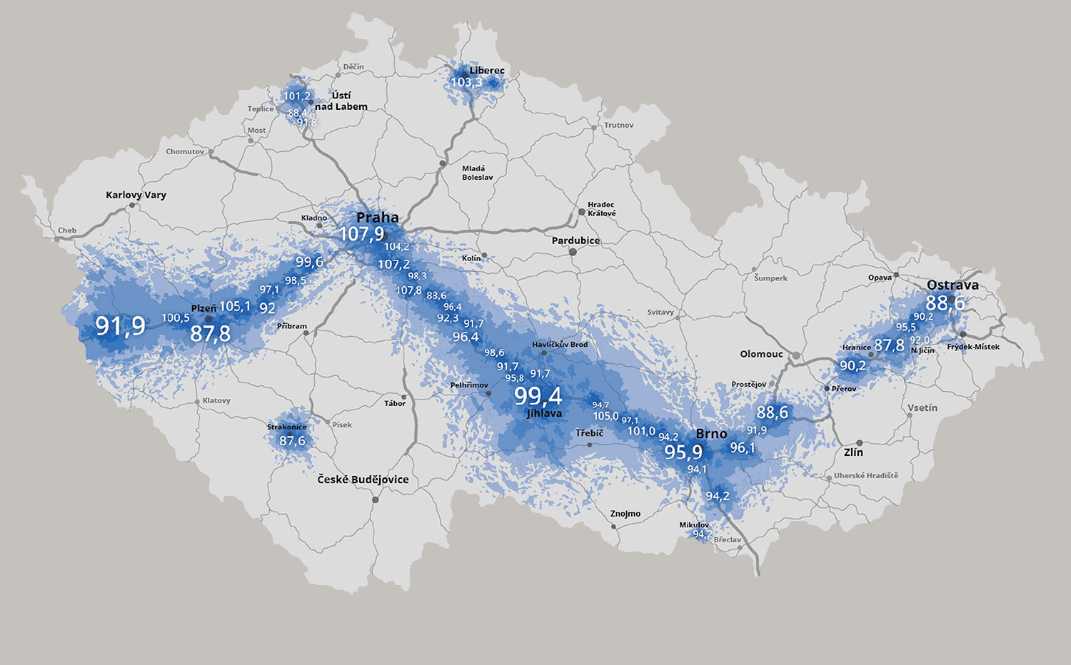 Rádio Dálnice - FM transmitters